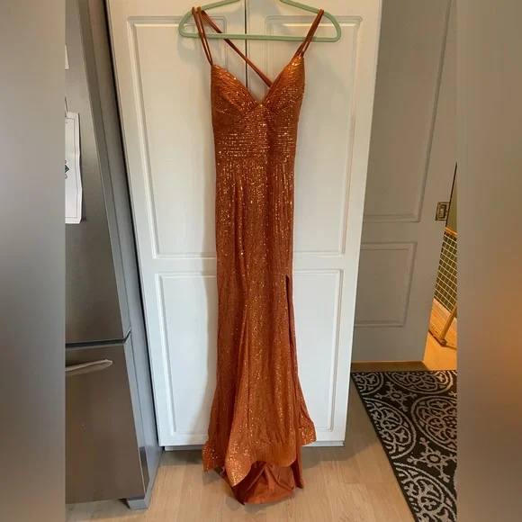green emerald velvet dress Maxine Sexy Trumpet Spaghetti Straps Sequins Long Prom Dress with Slit, Burnt Orange main image 0